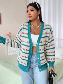 Flirla Áo khoác len dệt kim Jacquard màu tương phản thời trang - Màu xanh bạc hà - Xem 5
