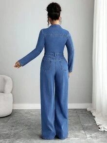 Elenzga 女士休闲通勤牛仔连体裤 - 藍色 - 查看 2