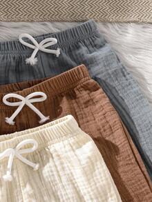 SHEIN 3pcs Baby Boys Vintage Casual Style Soft Crepe Fabric Pants, Suitable For Daily Wear And Outings, Fall Kids Clothes Winter