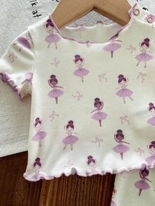 SHEIN LMoss Kids 儿童新生女婴可爱卡通图案荷叶边圆领短袖针织柔软睡衣套装 2 件 - 淡紫色 - 查看 3