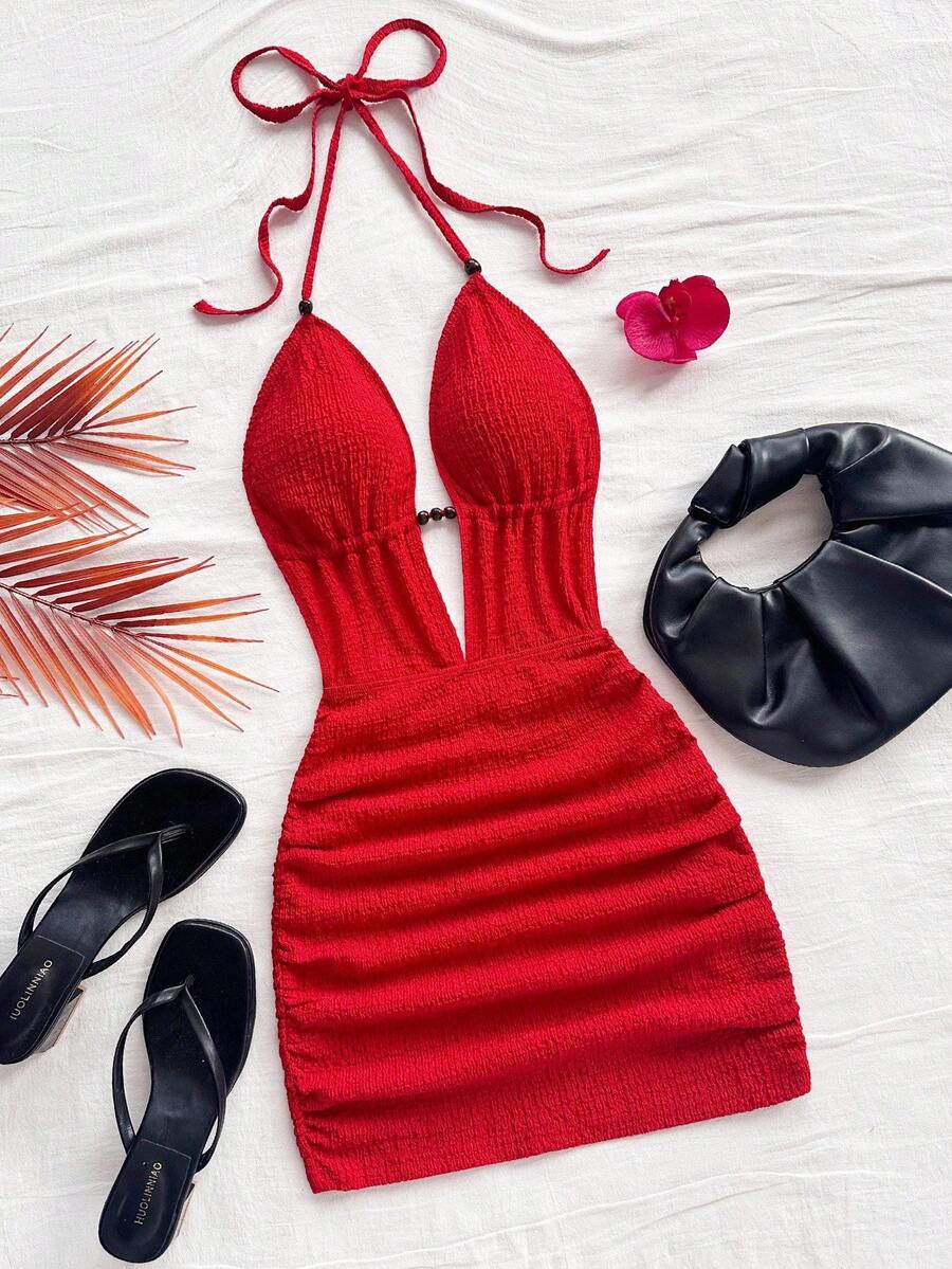 Soleia Women's Solid Color Backless Halter Mini Dress, Summer Red For Women Party Dresses Christmas Wedding Guest Chic - Red - View 1