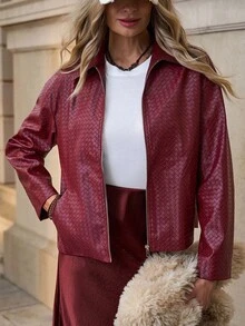 SHEIN Clasi Women's Casual Knitted PU Collar Jacket, Autumn/Winter - Burgundy - View 5