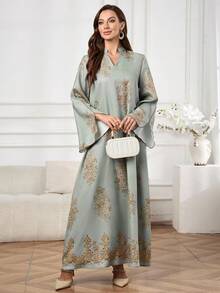 Al Najma 女士优雅印花长袖阿拉伯风格连衣裙 - 彩色 - 查看 5