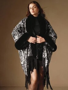 Anewsta Plus Size Women's Autumn/Winter Faux Fur Knit Black & White Formal Dress, Suitable For Wedding Guest, Cocktail Party, Elegant, Chic - Black and White - View 3