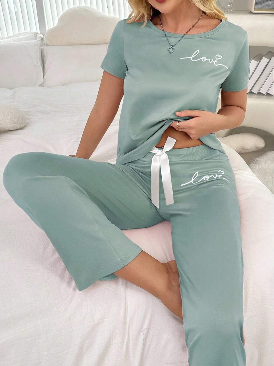Women's Heart & Letter Printed Short Sleeve Long Pants Pajama Set - Mint Green - View 1