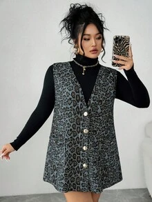 Elenzga 大码女式V领无袖豹纹连衣裙，秋冬 - 霧霾藍 - 查看 6