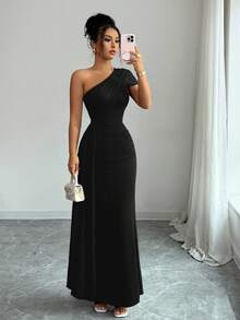 Elenzga New Arrival Women's Asymmetric Neck Ruffle Hem Asymmetrical Design Vacation Casual Cinched Waist Elegant Lady Dress