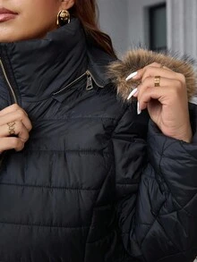 SHEIN Clasi Plus Size Minimalist Quilted 2 In 1 Hooded Padded Coat With Fur Collar Women Puffer Jacket Women Winter Coat Women Quilted Jacket Faux Fur Hooded Jacket Women Outerwear Multifunctional Warm Jacket Old Money Style High Collar Winter Jacket With Fur Collar Winter Clothes Fall Clothes For Women 2025 Autumn And Winter New Style Comfortable And Warm Halloween Costumes Christmas New Year With Pocket With Detachable Fur Collar With Fur Collar