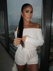 SAYEHFBABY Nuevo mono de punto de mujer de talle alto, de manga larga con hombro descubierto, de corte holgado en la Top y ajustado en la Bottom, con tirantes en la cintura y rayas verticales naranjas, para primavera y verano