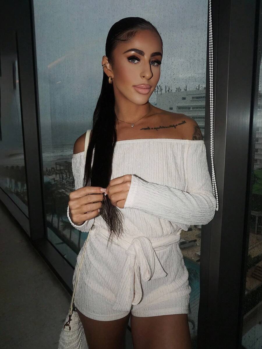 SAYEHFBABY Nuevo mono de punto de mujer de talle alto, de manga larga con hombro descubierto, de corte holgado en la Top y ajustado en la Bottom, con tirantes en la cintura y rayas verticales naranjas, para primavera y verano