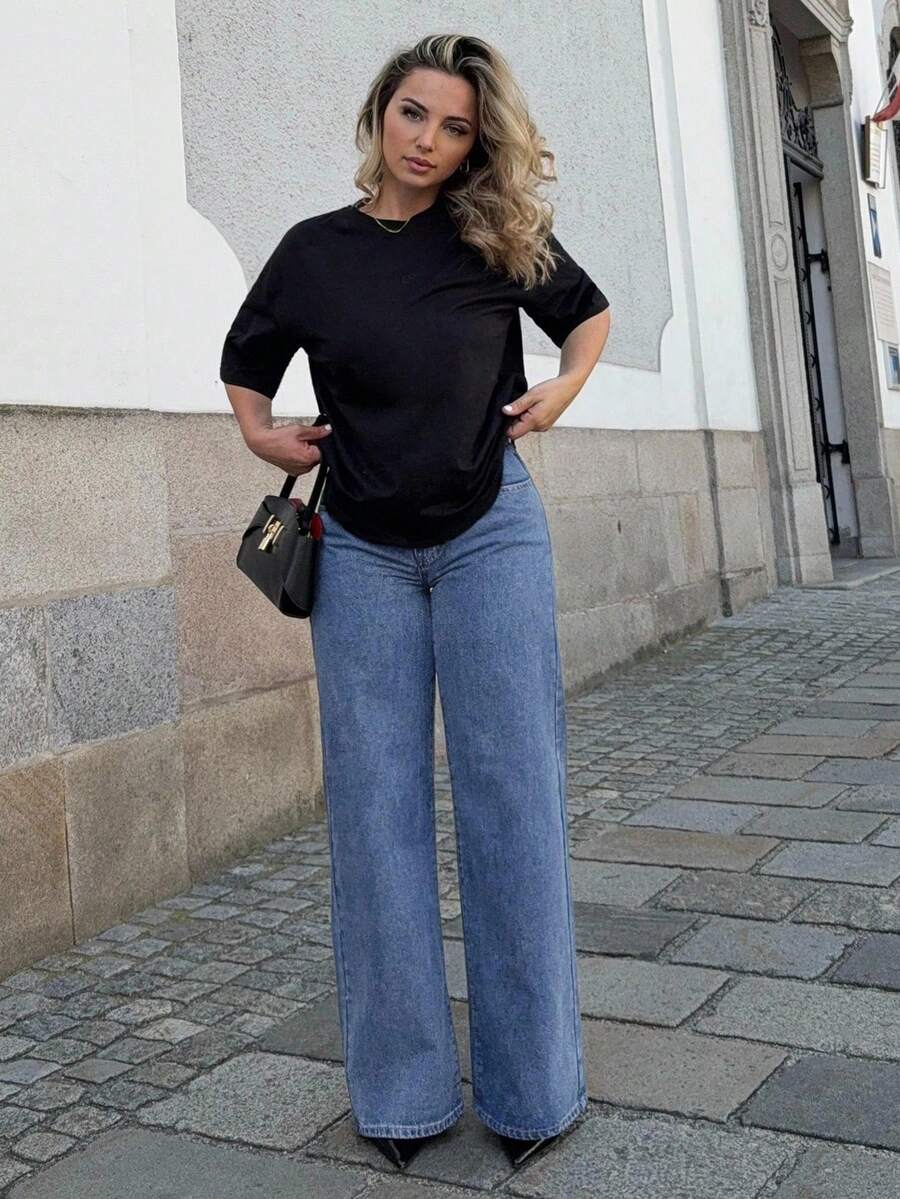Jeta Ari Jeans unicolor de pierna ancha - Azul lavado medio - Ver 1
