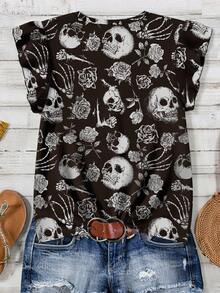 EMERY ROSE Plus Size Women Halloween Skull Print V-Neck Ruffle Trim Short Sleeve Shirt, Casual Holiday Wear, Suitable For Summer, Halloween Costume, Y2K Streetwear Women Blouses Summer Skeleton Shirt Skull ShirtIn Fall/Winter