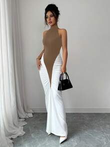 Elenzga Women's Black & White Color Block Halter Neck Cinched Waist Fishtail Hem Elegant Dress, Suitable For Commuting And Daily Wear - Mocha Brown - View 3