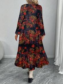 SHEIN LUNE Vestido de cubrir con cuello de corbata, volantes en el bajo y estampado de patchwork para mujer - Multicolor - Ver 2