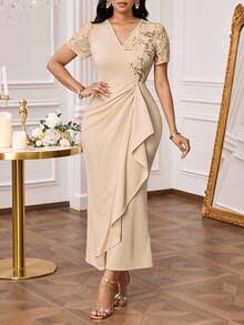 SHEIN Lady Women's Floral Sequin V-Neck Puff Sleeve Ruched Dress, Elegant - Khaki - View 1