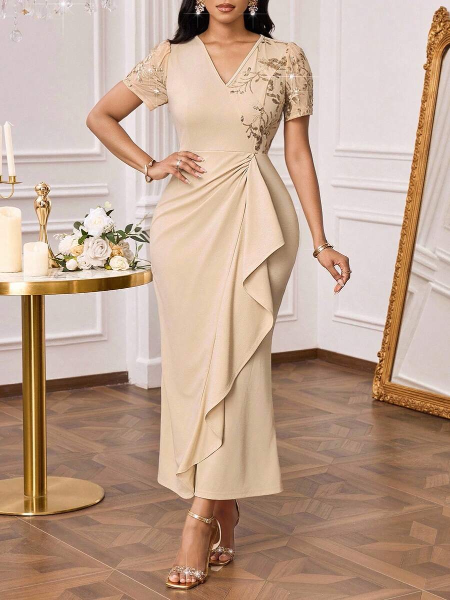 SHEIN Lady Women's Floral Sequin V-Neck Puff Sleeve Ruched Dress, Elegant - Khaki - View 1