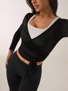 SHEIN BAE Áo thun nữ tay dài thắt nơ họa tiết đục lỗ, thể thao & đa năng cho mọi mùa - màu đen - Xem 3