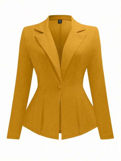 Vionelle Plus Size Women's Solid Color Lapel NeckLong Sleeve Single Button Elegant Fitted Blazer, Autumn Winter Fall