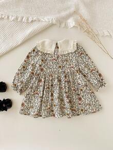 Cozy Pixies Đầm bé gái cổ Peter Pan họa tiết hoa màu tương phản, tay dài, thắt eo - Màu be - Xem 2