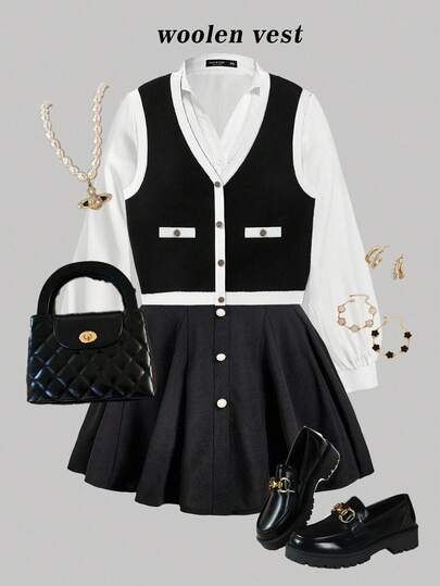 SHEIN MOD Plus Size Women's Black & White Contrast Color Cropped Knit Top