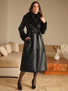 Anewsta Women's Reversible Casual Waist Cinched Faux Fur Coat, Suitable For Fall, Winter, Going Out, Elegant, Chic, Formal, Christmas - Black - View 11