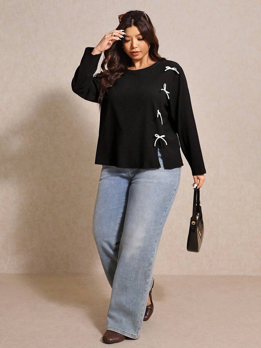 Elaquor Plus Size Casual Butterfly Decor Long Sleeve T-Shirt Spring