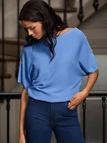 lacRébo Blusa holgada de punto con estilo kimono de manga corta en color azul cielo, con detalle de botón dorado en el hombro, para mujer en otoño e invierno