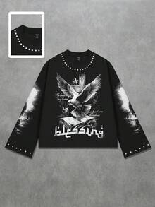 ROMWE MEN Street Life 男士圆领闪亮钻石鸽子印花长袖T恤，2000年代风格 - 黑色 - 查看 1