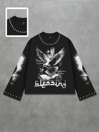 Street Life T-shirt à manches longues avec col rond, imprimé de pigeons scintillants et de diamants, style années 2000