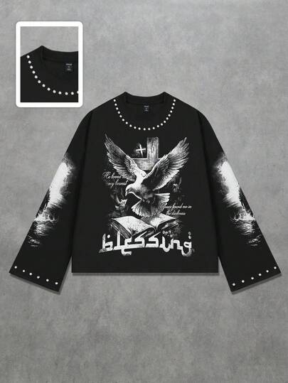 Street Life Herren Rundhals Langarm T-Shirt mit funkelndem Diamant-Tauben-Muster, 2000er Jahre Stil