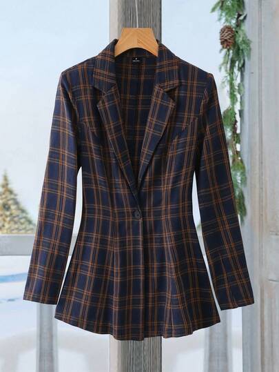 Rusticease Women's Casual Plaid Cinched Waist Blazer Jacket, Autumn