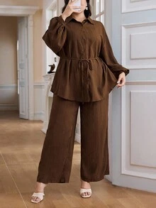 Veilorie 2 件大码女式纯色落肩单排扣上衣和阔腿裤休闲宽松西装 2 件套 - 棕色 - 查看 1