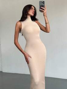 Aloruh Minimalist Commuter Young Street-Style Grey High Collar Turtleneck Sleeveless Bodycon H-Line Extra Long Women Sweater Dress,Fall - Beige - View 4