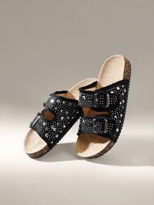 女士圆头流苏水钻双扣平底休闲日常宴会通勤时尚百搭鞋 - 黑色 - 查看 6