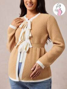 Boho Mama Maternity Casual Color Block Trim Tie Front Cardigan,Vintage - Khaki - View 3