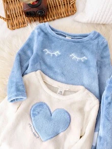 4 件套女婴情人节可爱心形和云朵印花圆领长袖上衣和柔软羊毛睡衣套装 - 藍白色 - 查看 6
