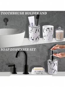 5PCS/9PCS Marble Pattern Bathroom Accessories Set, Including Toothbrush Holder, Soap Dispenser, Soap Dish, Tumbler, Refillable Bottles, Trash Can And Toilet Brush Home Bathroom Decor Fall Decor Back To School