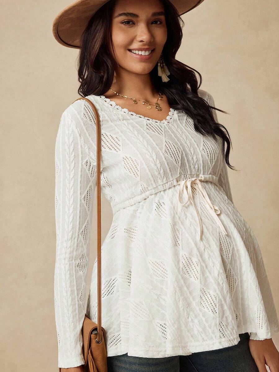 Boho Mama 孕妇几何纹理抽绳腰V领长袖T恤 - 杏色 - 查看 1