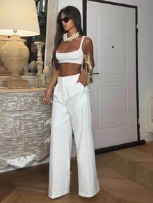 Ronhire Casual Straight High Waist Solid Color Trousers - White - View 5