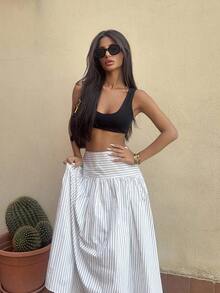 Ronhire 夏季休闲通勤条纹高腰半身裙 - 黑與白 - 查看 4