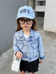 Elladie kids 女童休闲复古浅色水洗牛仔夹克，带心形口袋，面料舒适柔软，时尚日常穿着，年轻女孩外套 - 淺色水洗藍 - 查看 4