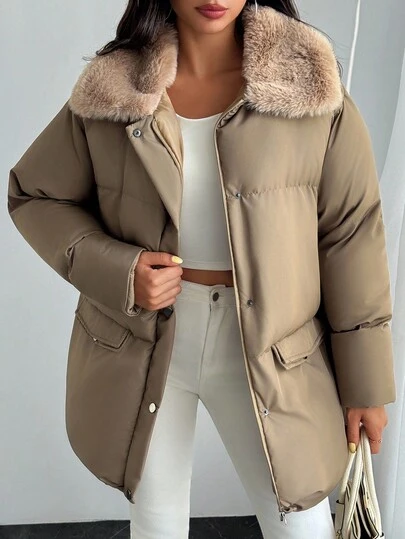 EURMUSE Fashionable Street Style Snow Padded Coat With Fluffy Collar, Fur Detailed Casual Winter Coat Winter Clothes For Women Outerwear Women