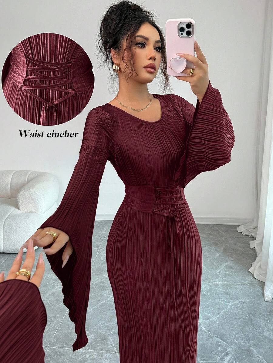 Elenzga 女士纯色圆领喇叭袖腰带设计优雅连衣裙 - 酒紅色 - 查看 1