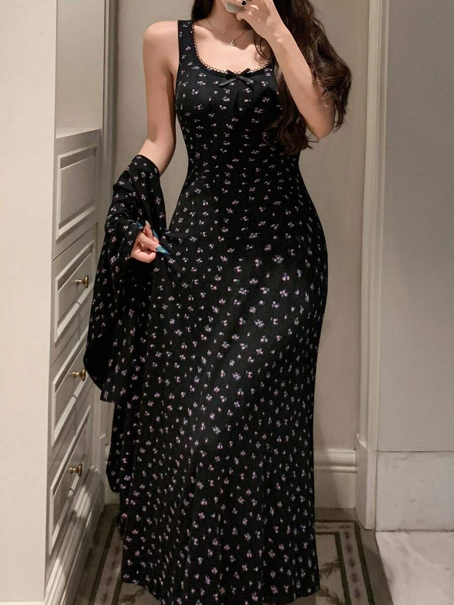 DAZY 碎花睡裙及纽扣门襟上衣睡衣套装，女士秋冬服装 - 黑色 - 查看 1