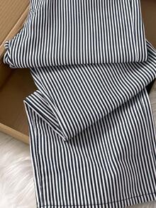 Comfortcana 女士条纹牛仔裤，夏季时尚女士牛仔裤低腰直筒牛仔裤女士牛仔休闲宽松裤蓝色条纹裤女士裤子 - 深色水洗藍 - 查看 4