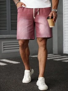 Manfinity Homme Plus Size Men's Drawstring Waist Pockets Loose Casual Denim Shorts Men Pink Shorts Boyfriend & Husband Vintage Washed For Straight Leg - Red - View 3