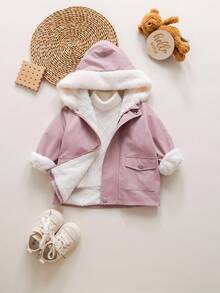 SHEIN Babygirl 可爱粉色兔毛领连帽外套，秋冬 - 粉色 - 查看 9