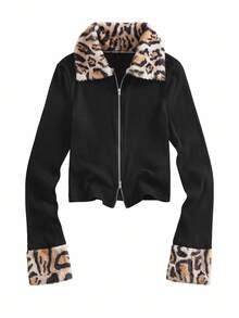 Shutterstock Glamance Chaqueta de punto con cremallera de piel de leopardo sintética para mujer, abrigo de manga larga ajustado para otoño e invierno, adecuado para Halloween, estilo callejero Y2K, regreso a la escuela, fiesta de noche, estampado animal, estampado de guepardo, abrigos de mujer, abrigos cortos, colección de moda - Negro - Ver 3