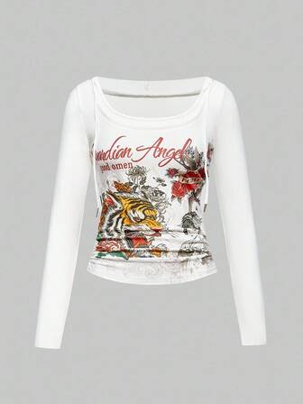 Grunge Punk maglietta aderente con cappuccio da donna, stampa retrò Y2K a motivo di tigre e vite, effetto tatuaggio finto