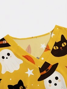 PopScrub Seragam Kerja Perawat/Dokter Lengan Pendek Leher V Bertema Halloween - Jeruk - View 3